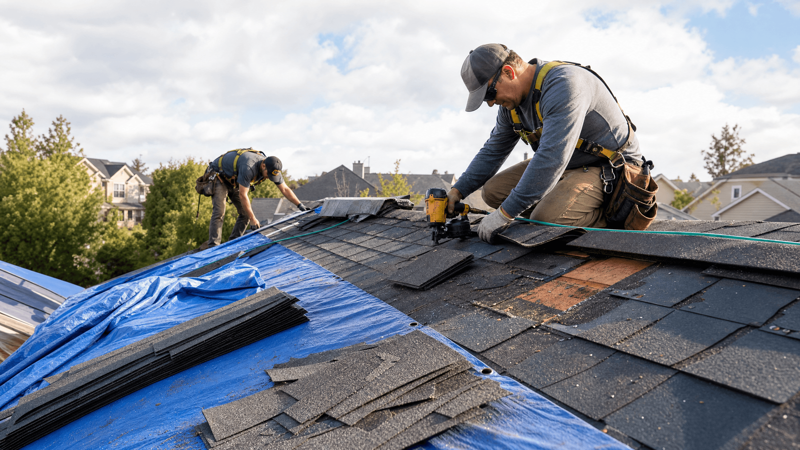 Storm damage roof repair in progress