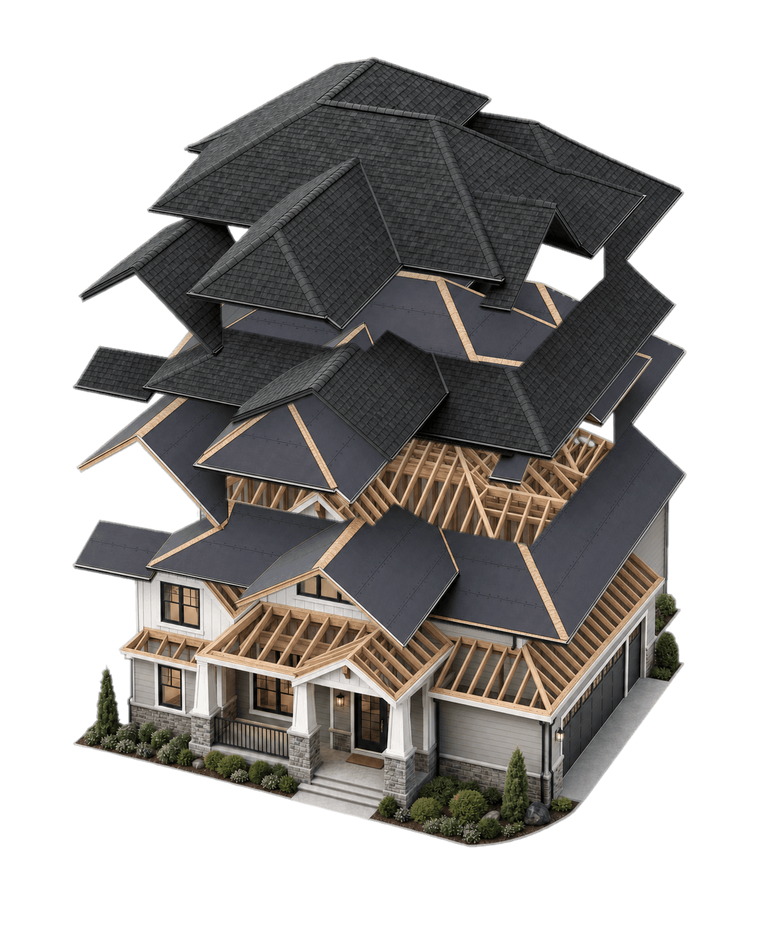 Exploded construction diagram showing every layer of a Quest Exteriors outdoor living build